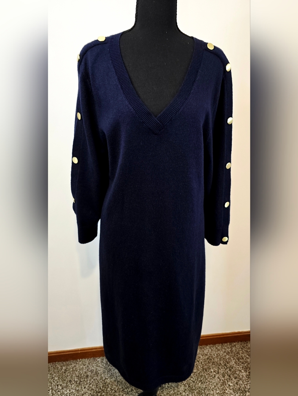 Talbots sweater dress navy gold button sleeve preppy knit v neck chic classic XL - Picture 2 of 10